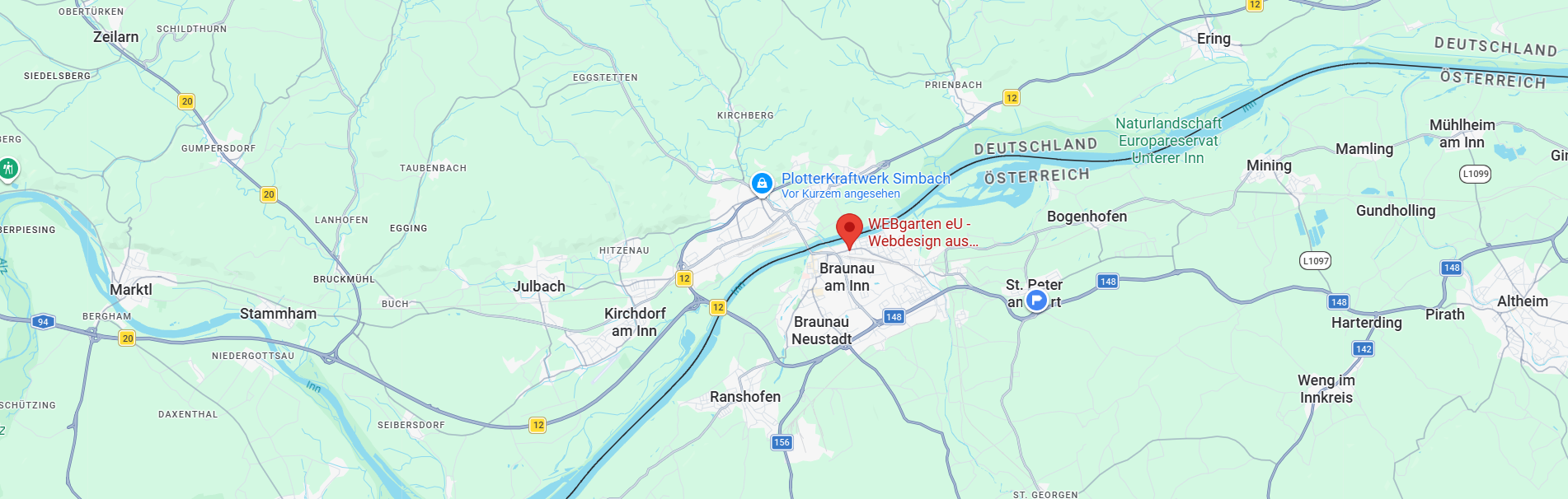 WEBgarten - Webdesign - Braunau | Google Maps Kartenausschnitt der Region Braunau am Inn und Simbach mit Grenzverlauf Österreich-Deutschland sowie der geografischen Markierung des Standorts der Webdesign-Agentur WEBgarten.