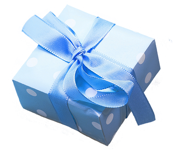 WEBgarten - Webdesign - Braunau | Ein hellblaues Geschenkpaket mit weißen Punkten und einer großen blauen Schleife steht symbolisch für attraktive Webdesign-Pakete und exklusive Zusatzleistungen.