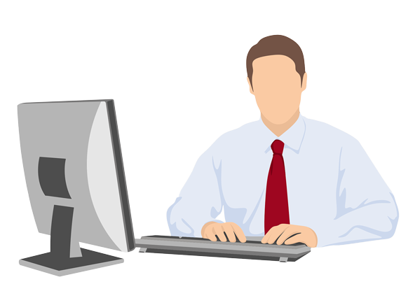 WEBgarten - Webdesign - Braunau | Eine minimalistische Grafik zeigt einen Geschäftsmann mit roter Krawatte bei der Arbeit am Computer, was für persönliche Beratung und professionellen Webdesign, vorallem für Start-Ups und Kleinunternehmen, steht.