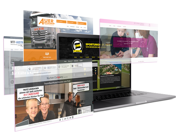WEBgarten - Webdesign - Braunau | Ein Laptop umgeben von schwebenden Browser-Fenstern verschiedener Referenzprojekte, darunter Websites für Transportunternehmen, Sportvereine und Fachärzte.