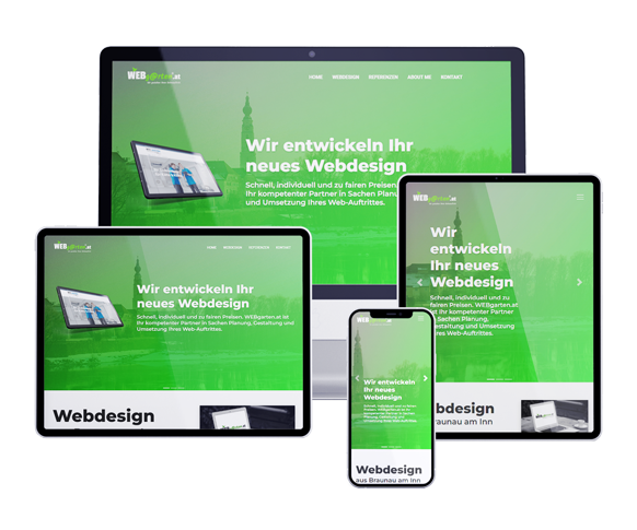 WEBgarten - Webdesign - Braunau | Die eigene Website von WEBgarten.at im grünen Design mit der Botschaft „Wir entwickeln Ihr neues Webdesign“, perfekt optimiert für Monitor, Tablet und Smartphone.