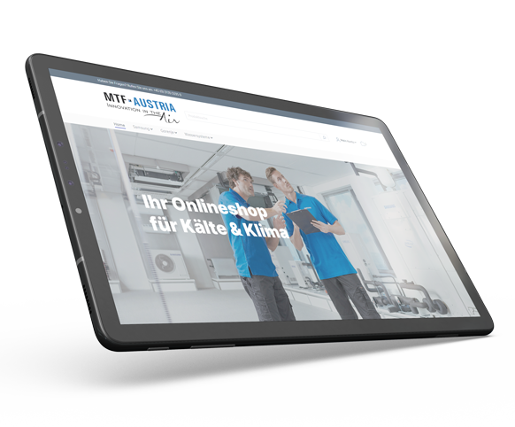 WEBgarten - Webdesign - Braunau | Ein modernes Tablet zeigt das Responsive Design des MTF-Austria Onlineshops für Kälte- und Klimatechnik, entwickelt von WEBgarten.