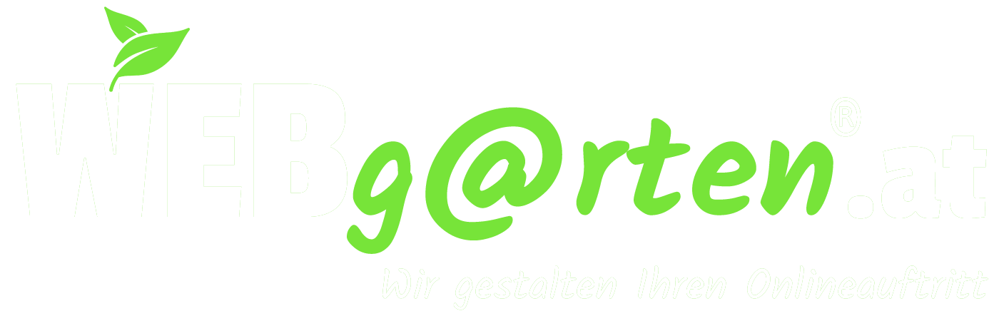 WEBgarten - Webdesign - Braunau | Das Logo von WEBgarten.at in weißer Schrift mit grünen Blättern und dem Slogan „Wir gestalten Ihren Onlineauftritt“, optimiert für dunkle Hintergründe.