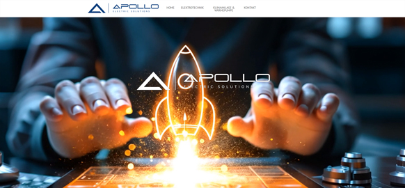 WEBgarten - Webdesign - Braunau | Referenz Webseite Apollo Electric Solutions mit futuristischem Raketen-Motiv und Fokus auf Elektrotechnik.