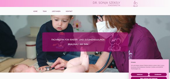 WEBgarten - Webdesign - Braunau | Referenz Webseite Dr. Sonja Szekely, Kinderärztin, mit hellem Design und Bildern aus der kinderärztlichen Praxis.