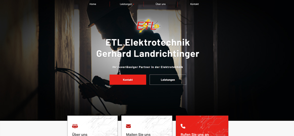 WEBgarten - Webdesign - Braunau | Referenz Webseite ETL Elektrotechnik Gerhard Landrichtinger mit dunklem, modernem Design und roten Akzenten. Ein Elektriker ist hier gerade bei der Arbeit und schließt Kabel an.