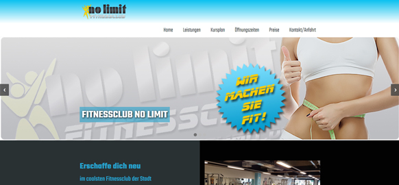 WEBgarten - Webdesign - Braunau | Referenz Webseite des Fitnessclubs No Limit mit einem sportlichen Banner, das eine fitte Person und den Text 