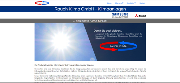 WEBgarten - Webdesign - Braunau | Referenz Webseite der Rauch Klima GmbH mit einem hellen Design, das die Sonne und das Firmenlogo mit blauen und roten Pfeilen thematisiert.